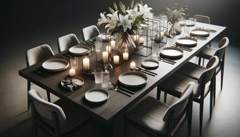Elegant dining table with candles, white lilies, modern decor, and polished tableware.