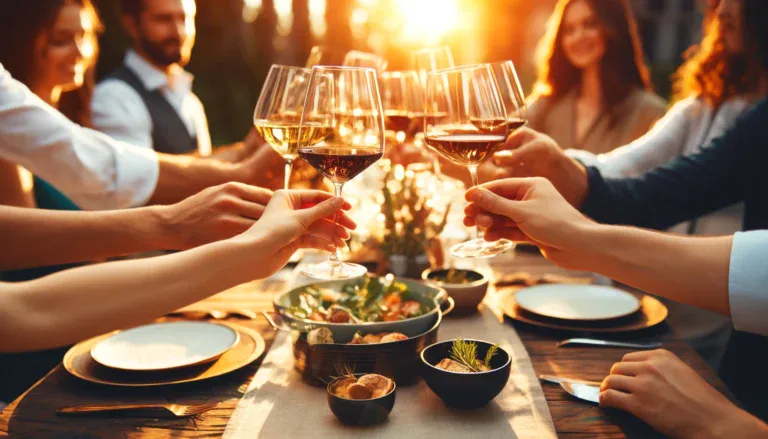 Sunset garden gathering with friends toasting with wine around a wooden table.