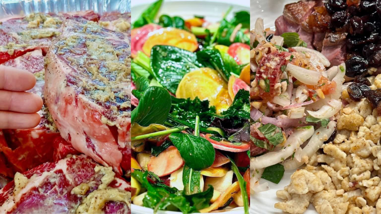 Triptych of rib steaks, carrot citrus salad, and duck spätzle highlights diverse culinary flavors.