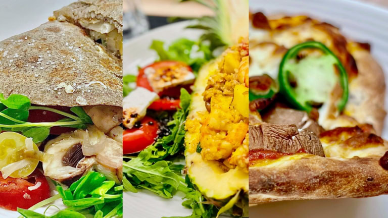 Artisan flatbread, vibrant salad, and gourmet pizza showcasing fresh ingredients and culinary flair.