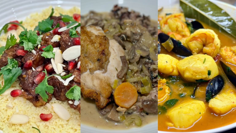 Couscous salad, creamy chicken, and seafood gnocchi in vibrant broth, diverse culinary spread.