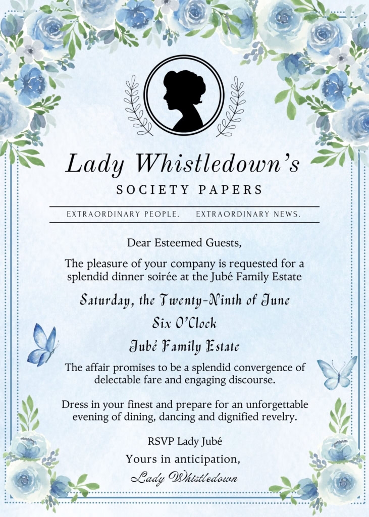 Elegant vintage soirée invitation card with floral motifs and formal RSVP details.