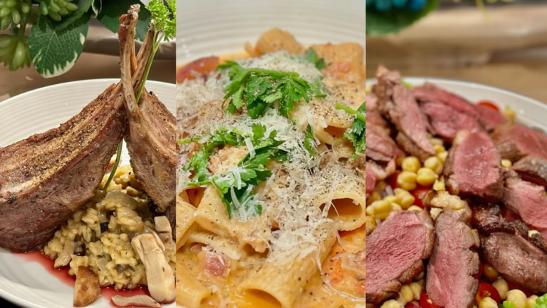 Plate featuring lamb chops, pasta, and steak with mushrooms, cheese, and herbs.