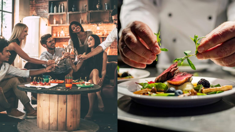 Dining celebration and culinary artistry: joyous gathering and chef preparing gourmet dish.