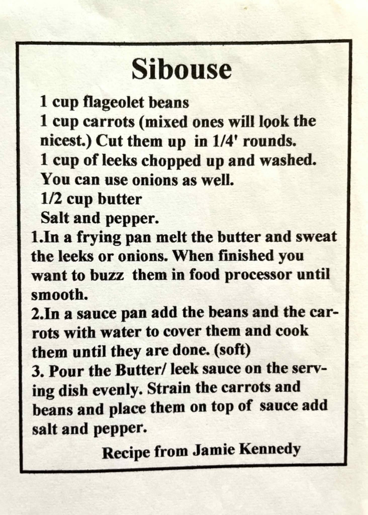 Close-up of traditional Sibouse recipe card with ingredients and cooking instructions.