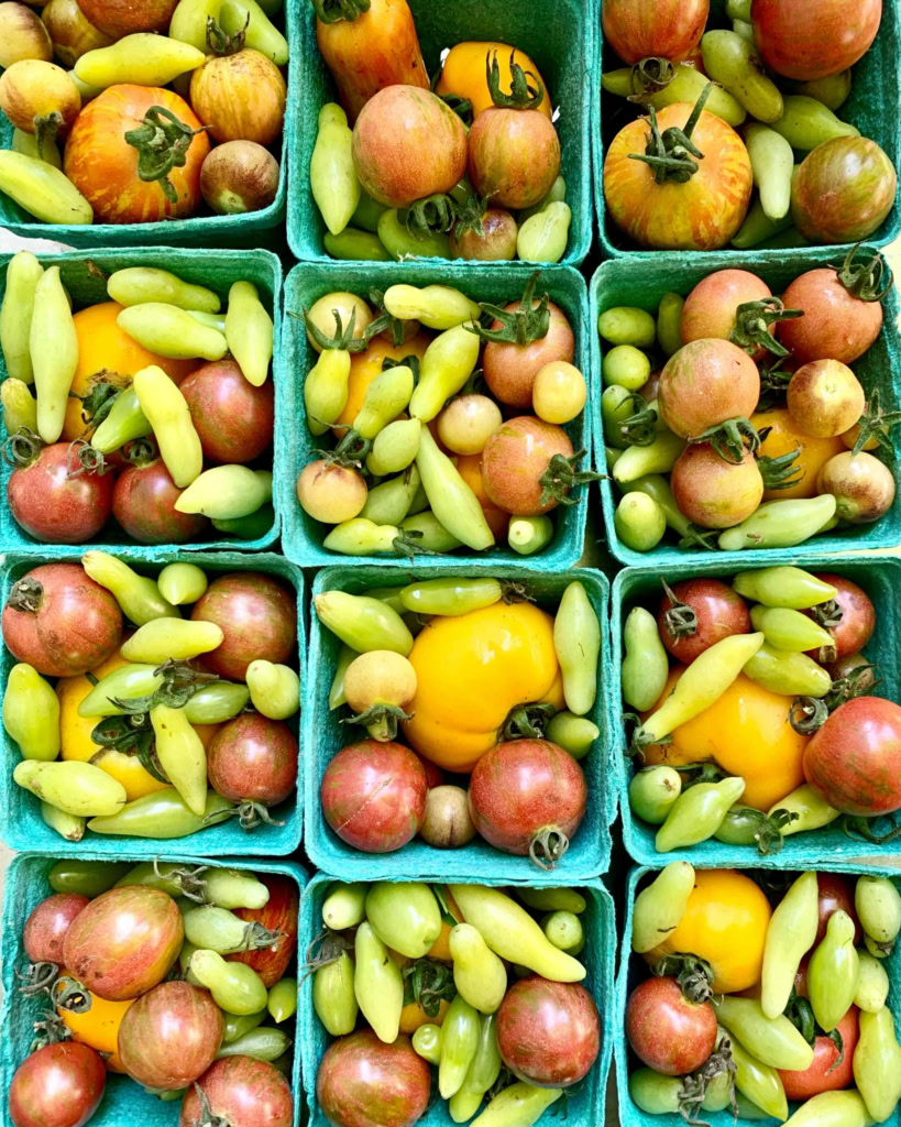 Colorful heirloom and green tomatoes displayed in small baskets for market or farm stand.