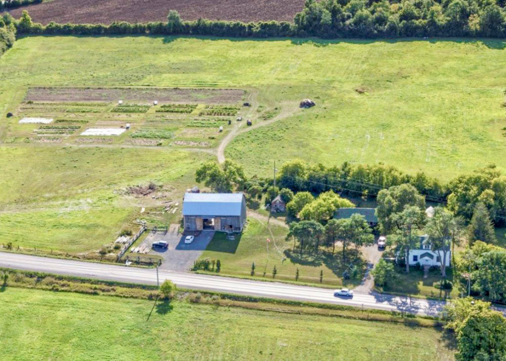 Aerial view of rural farmhouse with organic vegetable garden, lush greenery, and country road integration for farm-to-table dining experience.