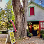 Bright red accents on a quaint white wooden building with an inviting storefront and fresh lemonade sign.