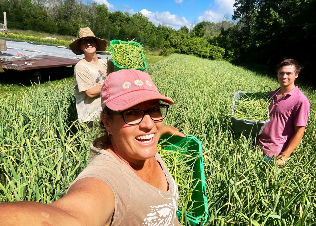 Bright and cheerful family harvesting fresh pineapples in a lush green field on a sunny day.