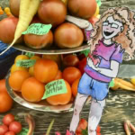 Bright illustration of a cheerful girl with curly hair at a veggie market stall.
