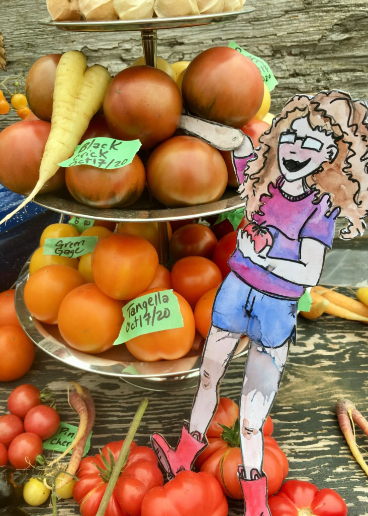 Bright illustration of a cheerful girl with curly hair at a veggie market stall.