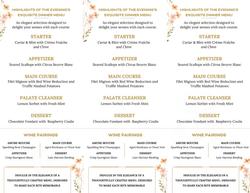 Elegant Dinner Menu. High-quality gourmet dinner options for special occasions.