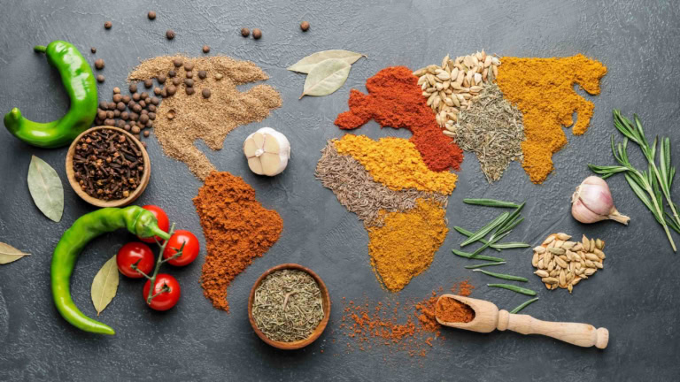World map of spices and ingredients showcasing global culinary diversity and flavors.