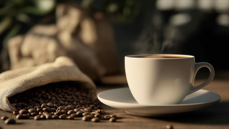 Close-up of steaming coffee cup on wooden table with coffee beans and burlap sack.