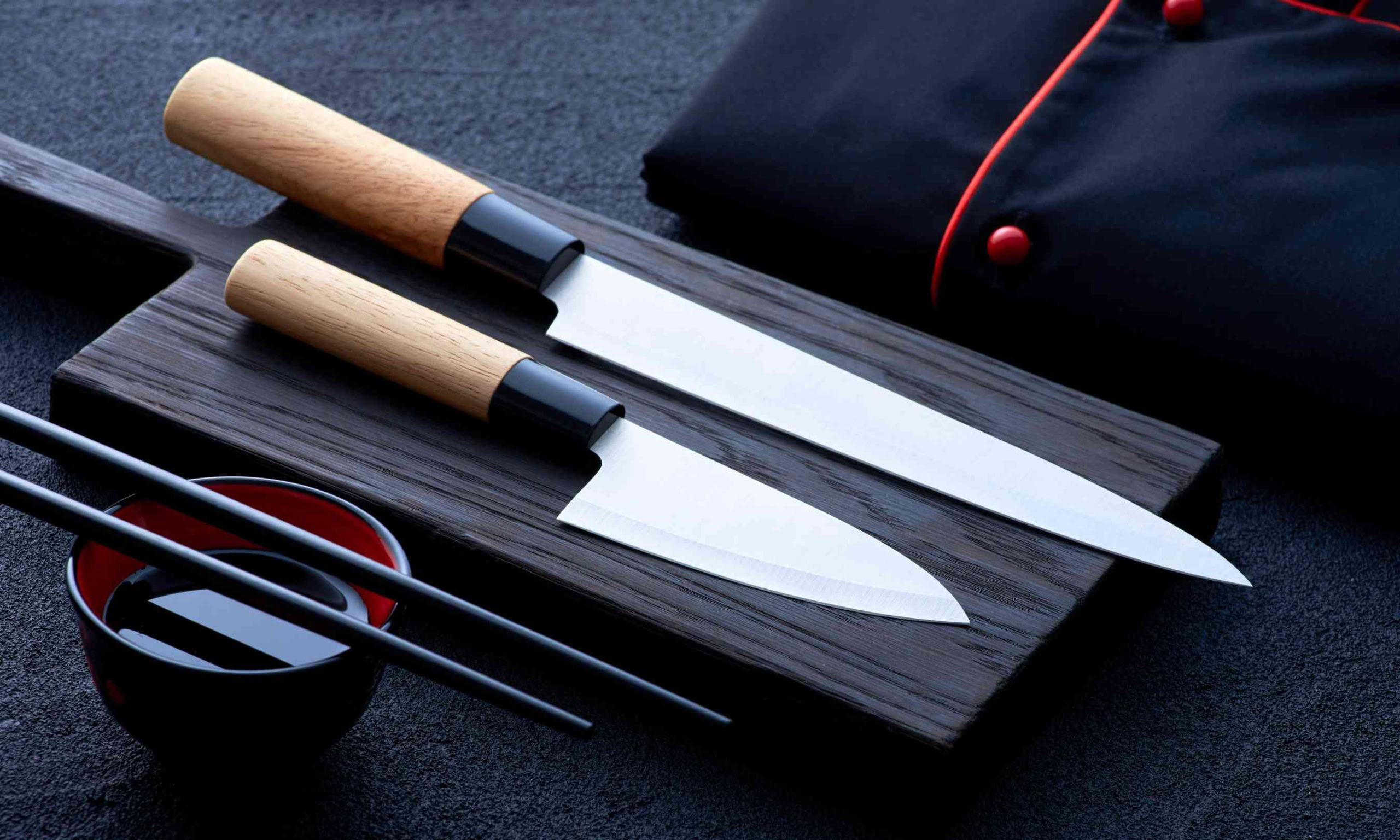 Japanese knives and chopsticks on dark cutting board showcasing culinary craftsmanship and Asian influences.