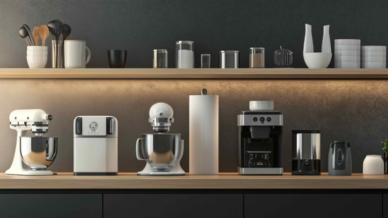 Modern kitchen countertop with mixers, coffee maker, and sleek appliances, emphasizing contemporary design.