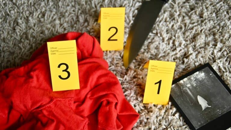 Detective scene with evidence markers and a knife on a carpet.