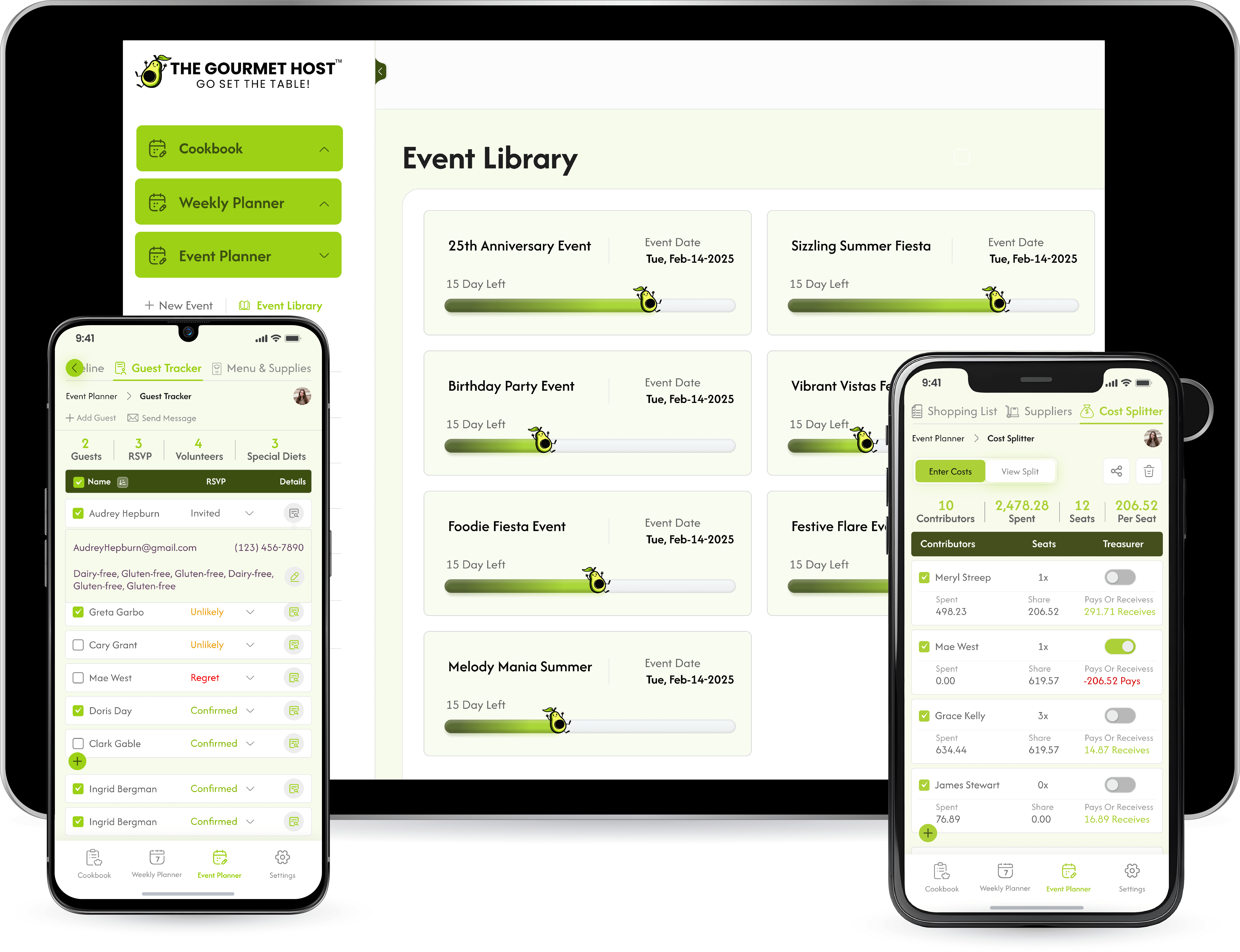 Digital event planning interface on smartphone and tablet for The Gourmet Host app.