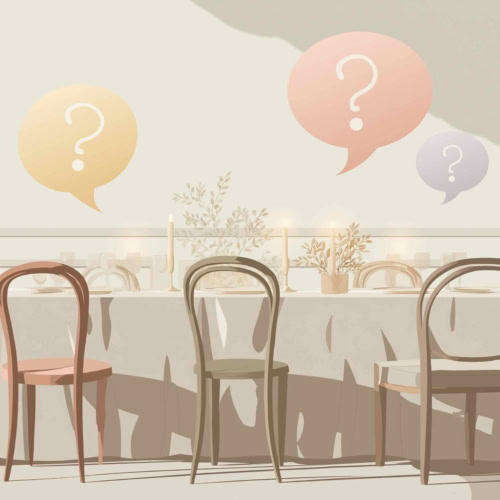 Minimalist dining setup with pastel tones, flickering candles, and speech bubbles above the table.