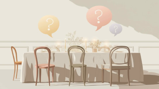 Minimalist dining setup with pastel tones, flickering candles, and speech bubbles above the table.