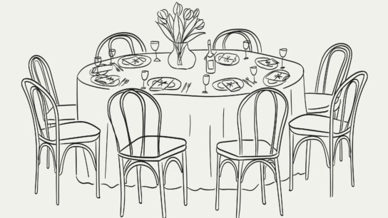 Elegant dining table with tulip centerpiece, set for seven guests, perfect for gatherings.
