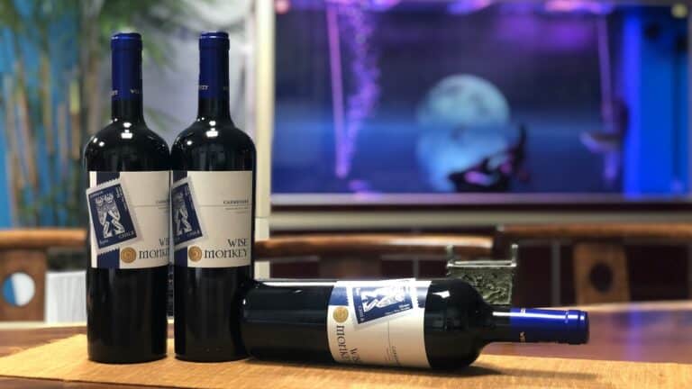 Three wine bottles on a table with a TV screen showing a moonlit scene in the background.