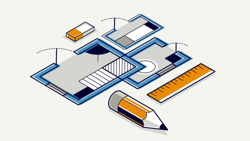 Creative design illustration with geometric shapes, drafting tools, and vibrant colors.