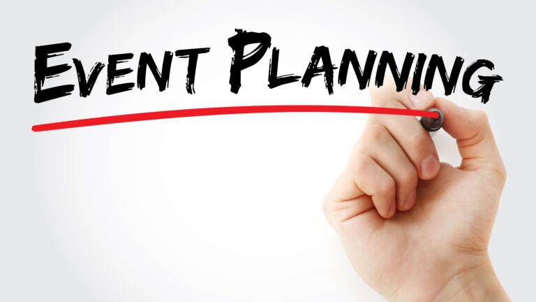 Hand writing Event Planning with marker, business event management concept, checklist and organization background.