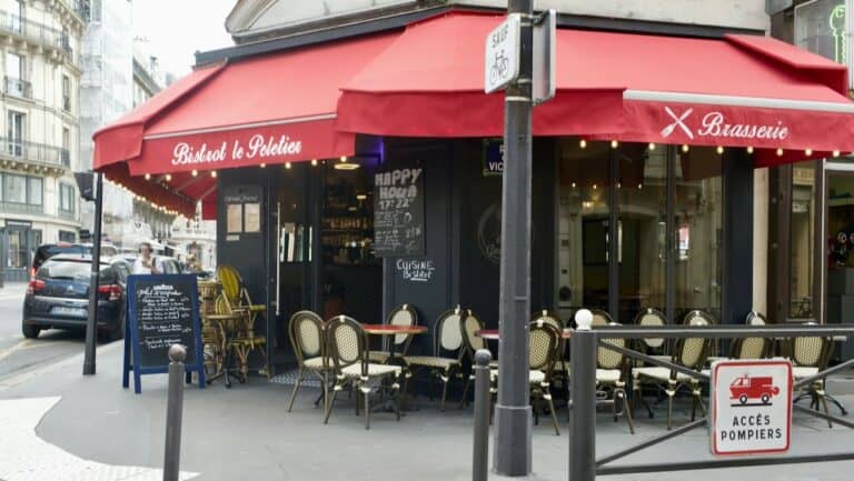 Outdoor seating at a cozy Paris bistro with red awning and classic charm.