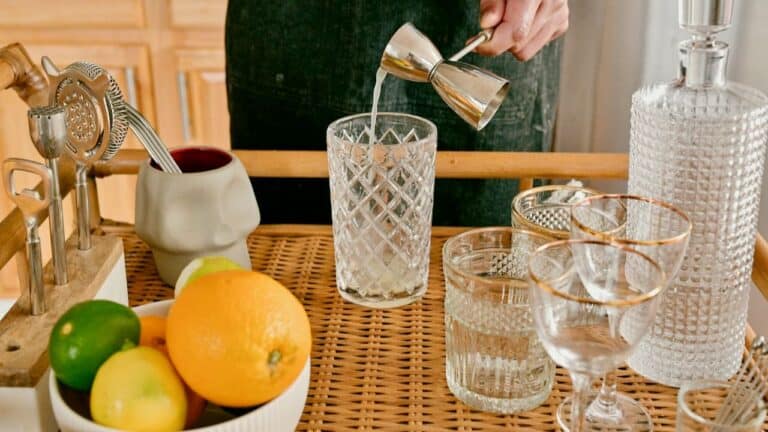 Elegant home bar setup with glassware and fresh fruits for entertaining.