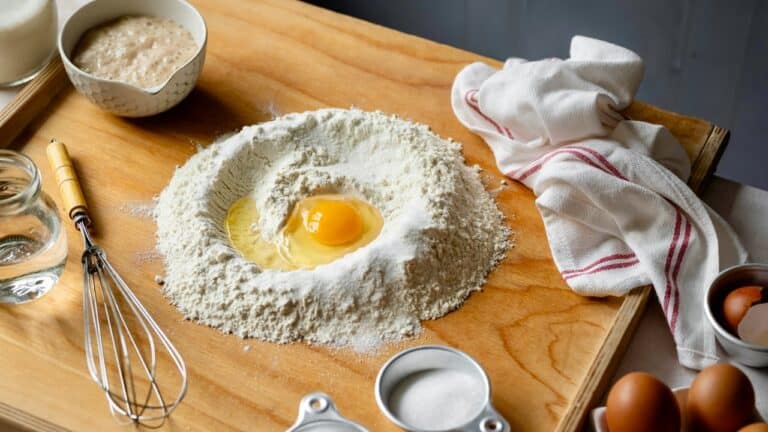 Fresh pasta dough with egg in the center on a wooden surface.