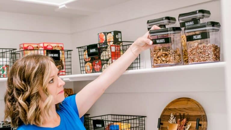 Efficient kitchen storage with labeled containers and accessible shelving for better organization.