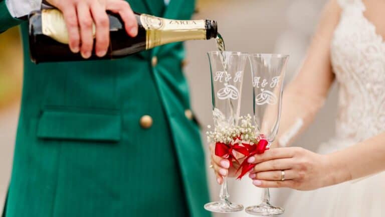 Champagne glasses with wedding toast, celebrating love and special moments.