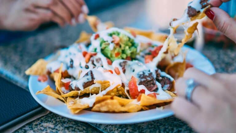 Guacamole nachos with melted cheese, salsa, and sour cream on a white plate.
