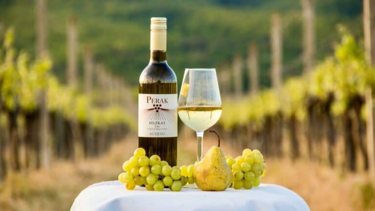 Elegant wine bottle and glass with grapes and a pear on a vineyard table, perfect for wine tasting.