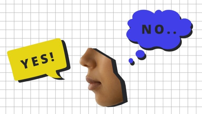 YES! Speech bubble with "YES!" and a person's profile with a thought bubble saying "NO..." on a grid.