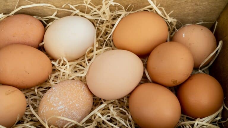Fresh farm eggs in a rustic wooden box with straw bedding, showcasing natural brown and white variet.