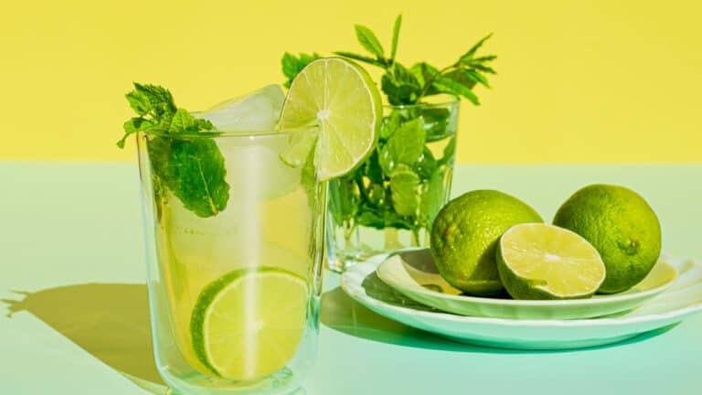 Refreshing Shirley Temple mocktail with lime slices and fresh mint on a vibrant background.