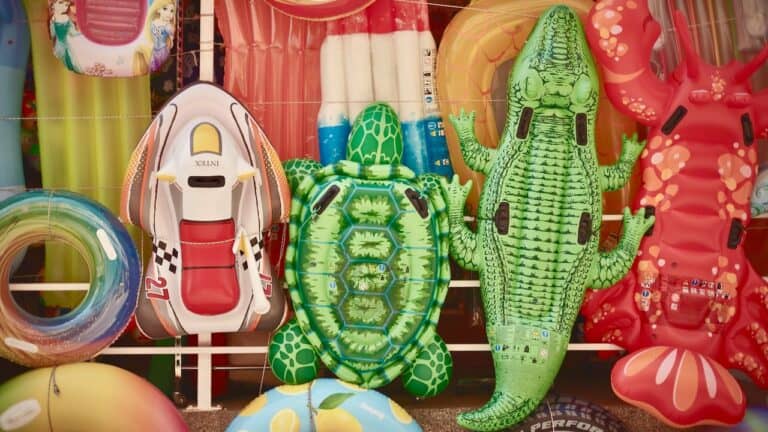 Colorful pool floaties including a turtle, crocodile, and flamingo for summer fun.
