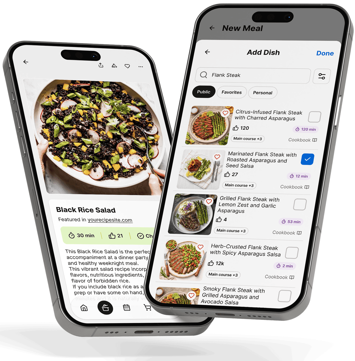 Gourmet Host app interface showing meal planning and dish customization options.