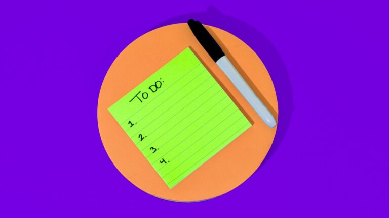 Stay organized with a bright green to-do list and black pen on an orange surface against a purple ba.