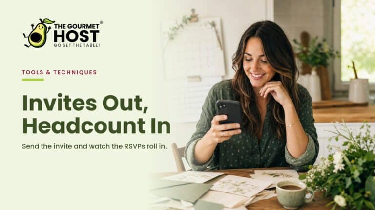 Woman smiling at phone with invites and RSVP details for The Gourmet Host event.