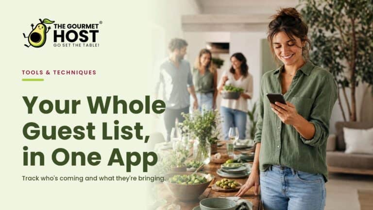 Woman using The Gourmet Host app at a social gathering.