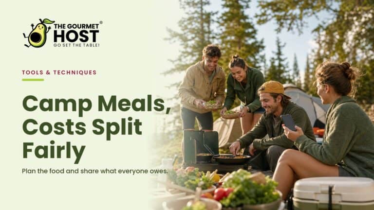 Group of friends sharing a meal outdoors at a campsite with food and cooking gear.