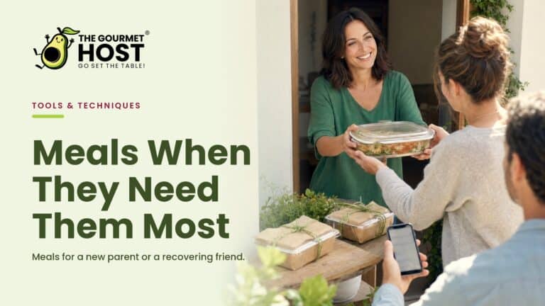 A woman delivers a meal to a new parent or recovering friend at home.