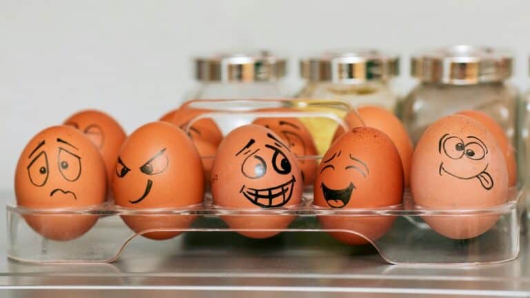 Eggs with funny faces drawn on them in a carton on a kitchen shelf.