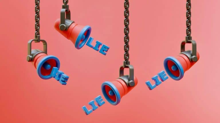 Three red and blue telescopes with 'LIE' spelled out in blue letters against a pink background.