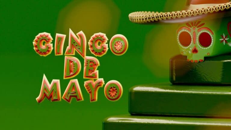 Cinco de Mayo celebration with colorful decorations and sombrero hat.