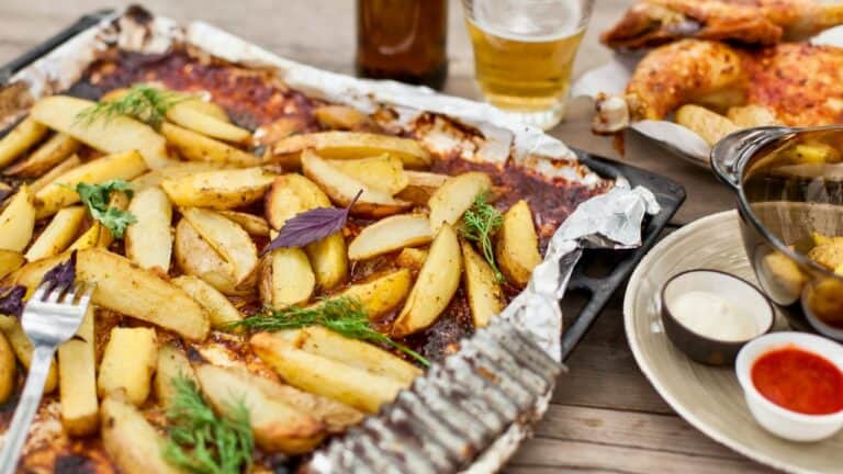 Delicious potato wedges with herbs served with dipping sauces and drinks.