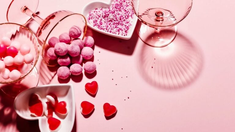 Valentine's Day themed sweets and drinks for Galentine's Day celebration.